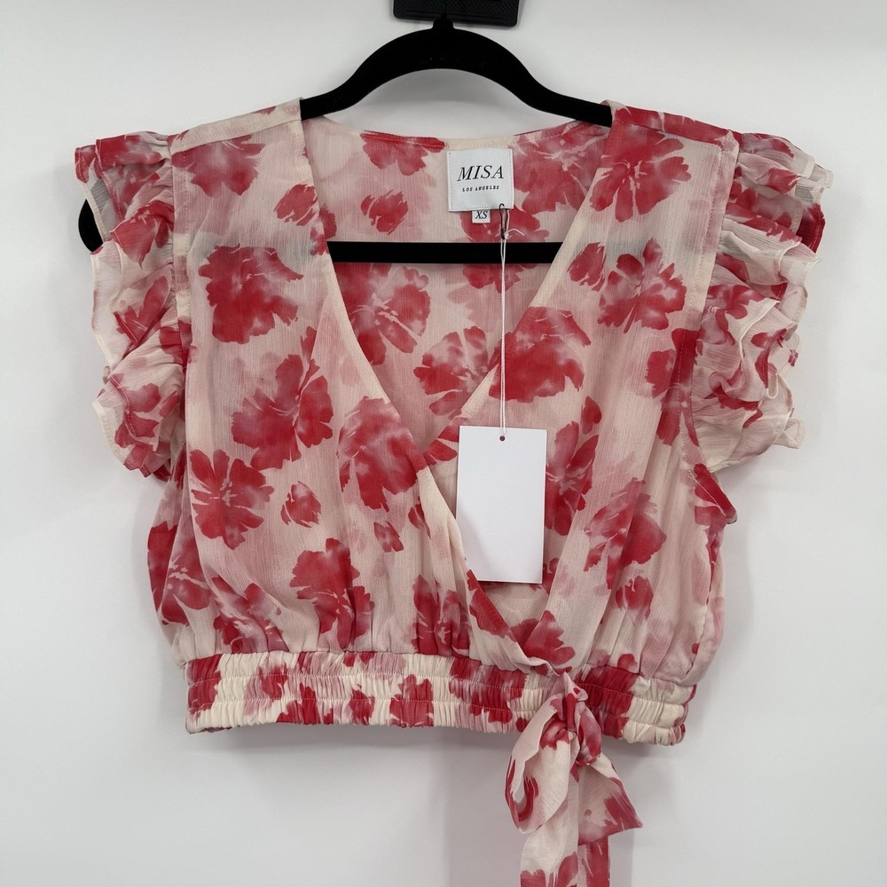 MISA Blouse Womens XS Pink Cropped Floral Sheer Tie Elastic Waist Ruffle